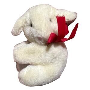 Vintage 90s White Lamb Finger Puppet Plush Red Bow Pencil Topper